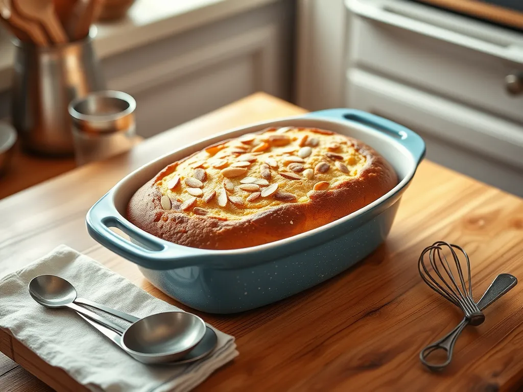 Delicious microwave vanilla almond cake topped with almond slivers and served in a blue baking dish.