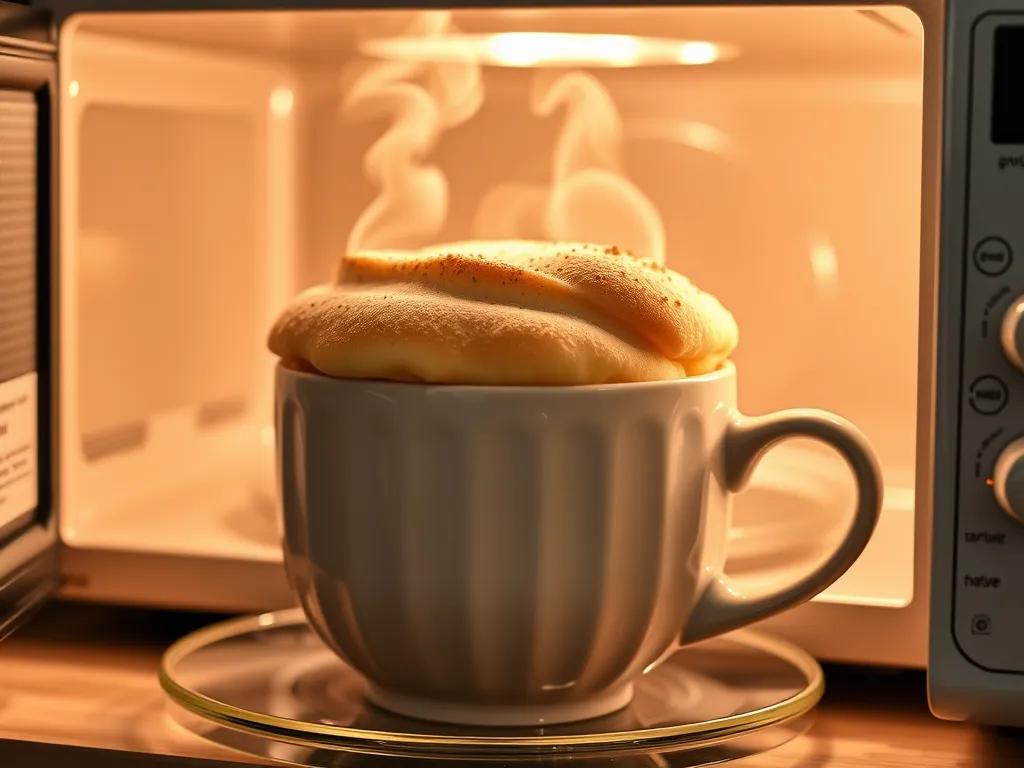 Delicious microwave vanilla chai cake rising in a cup with steam