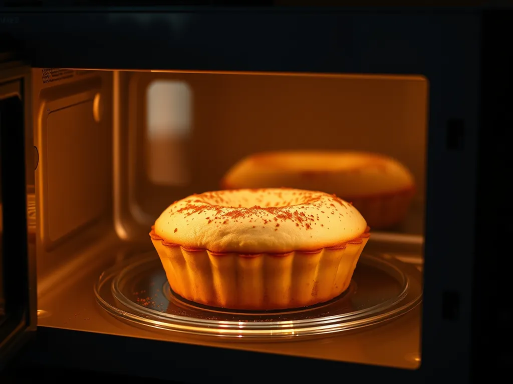 A freshly baked microwave vanilla chai cake rising in a microwave, showcasing its fluffy texture and aroma.