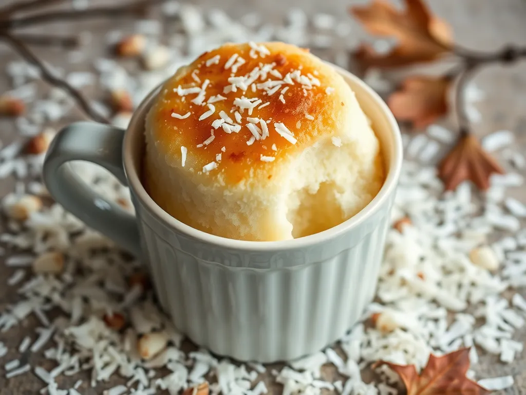 Delicious microwave vanilla coconut cake topped with shredded coconut