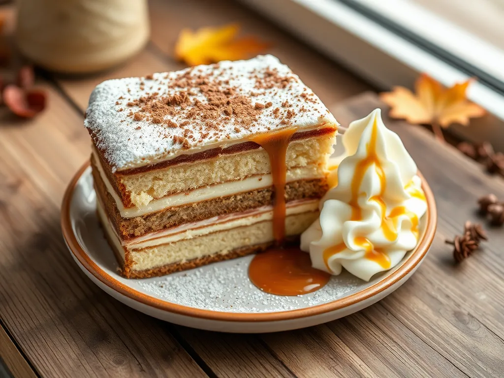 Delicious microwave vanilla latte cake topped with whipped cream and caramel drizzle