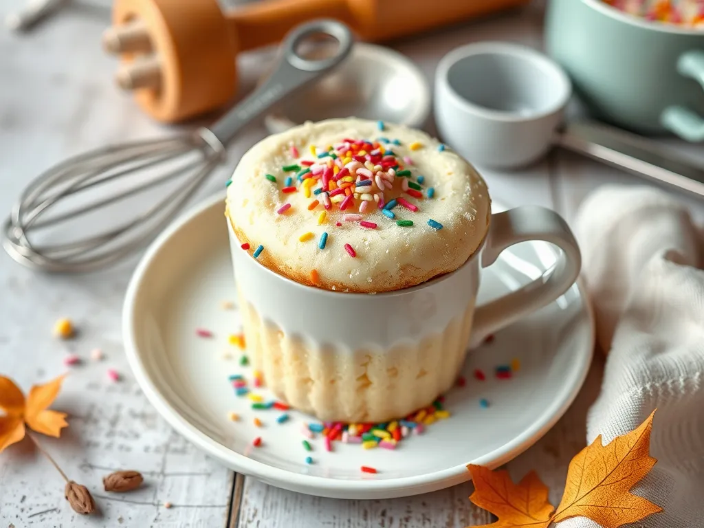 Delicious microwave vanilla sprinkle cake in a cup topped with colorful sprinkles
