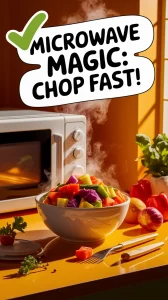 Bowl of pre-chopped vegetables with steam, showcasing the microwave trick for faster prep.