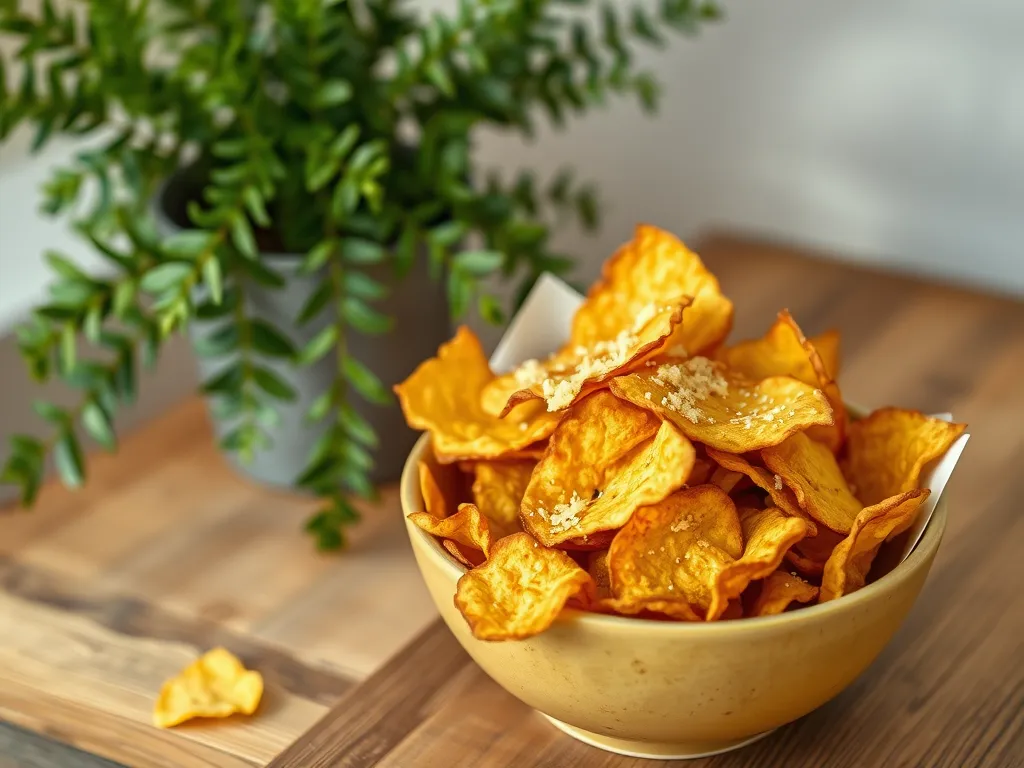 Bowl of crunchy microwave veggie chips with nutritional yeast