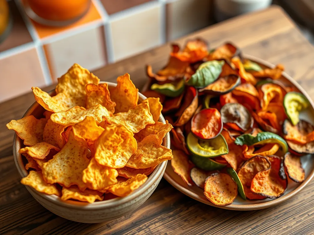Bowl of homemade microwave veggie chips with parmesan crisps, perfect for a healthy snack.