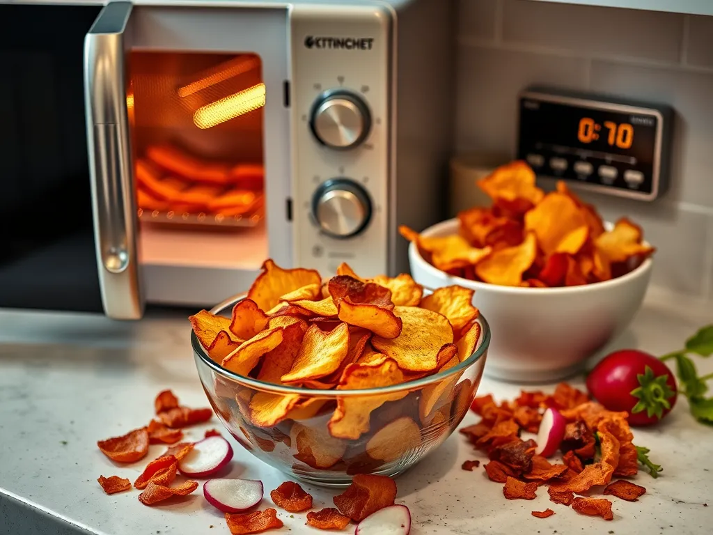 Bowl of homemade veggie chips made in the microwave without oil, displayed next to a microwave.