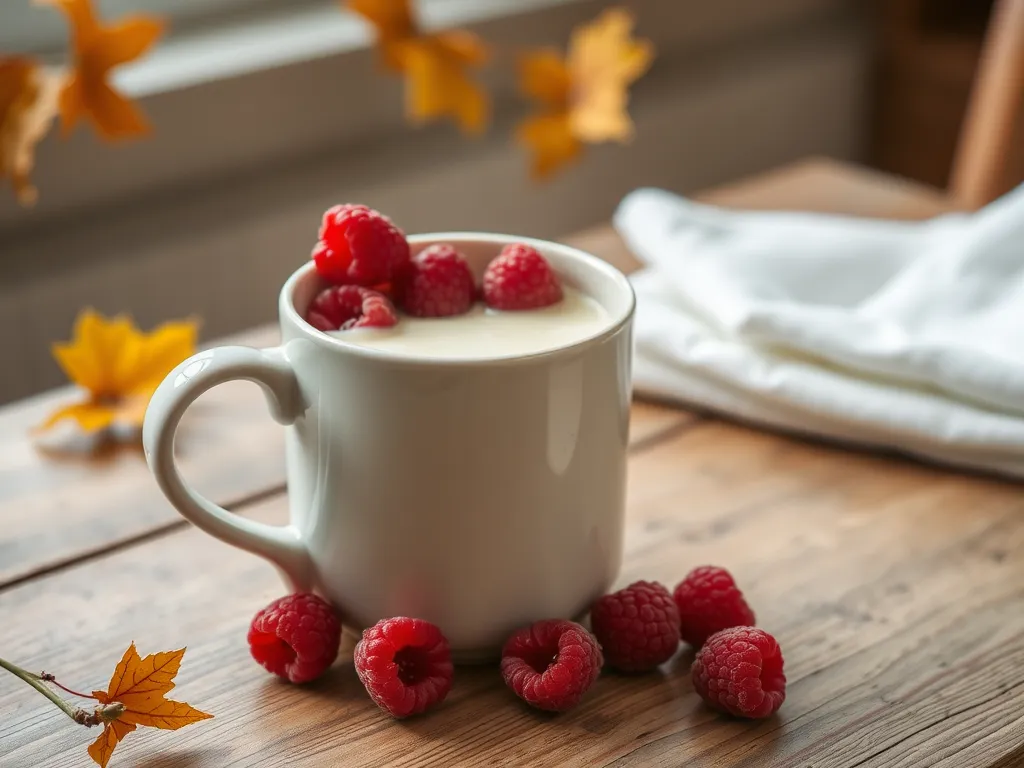 Delicious microwave white chocolate raspberry mug topped with fresh raspberries.