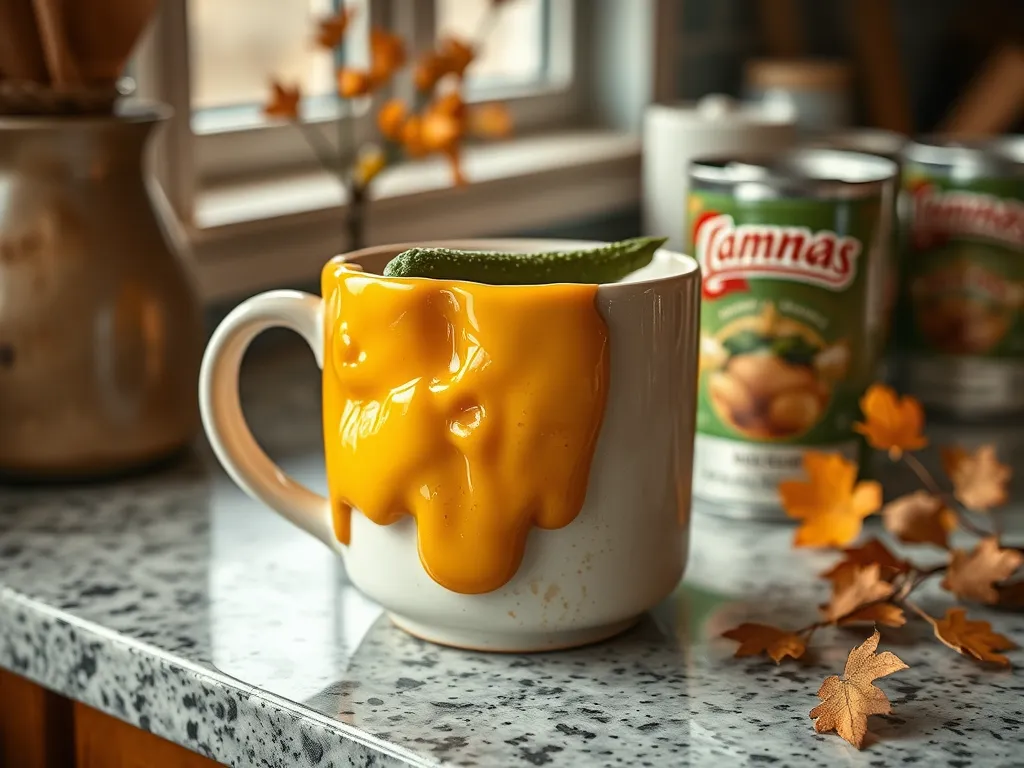 A mug with melted cheese and a green bean, representing a cheap microwave egg and canned green beans recipe.