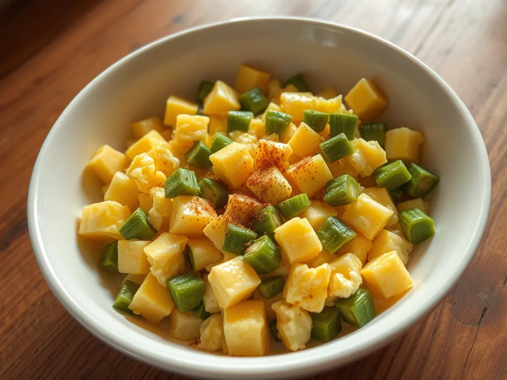 Microwave egg dish with diced okra and seasoning.
