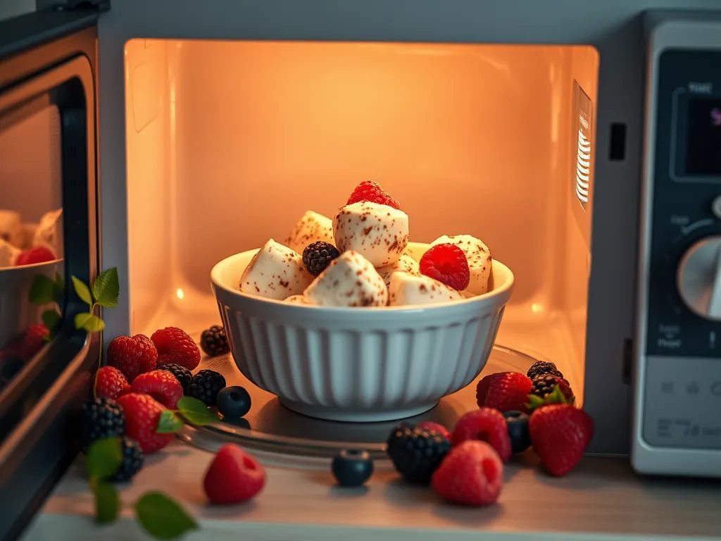 Mini cheesecake bites with berries in a microwave setting