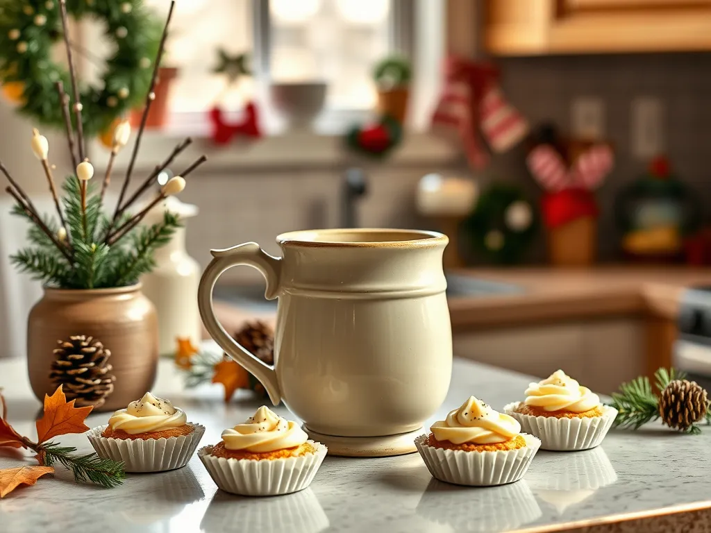 Delicious mini eggnog cakes arranged on a kitchen countertop, perfect for a holiday warm-up.
