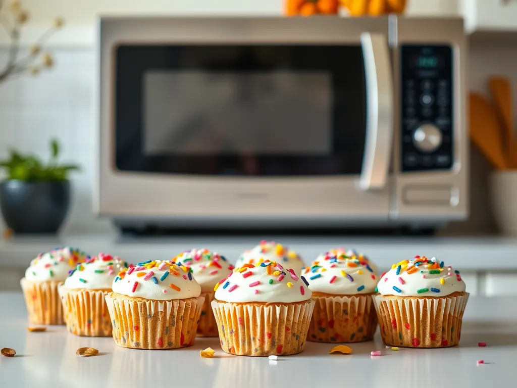 Delicious mini funfetti cakes with sprinkles, perfect for a microwave celebration.