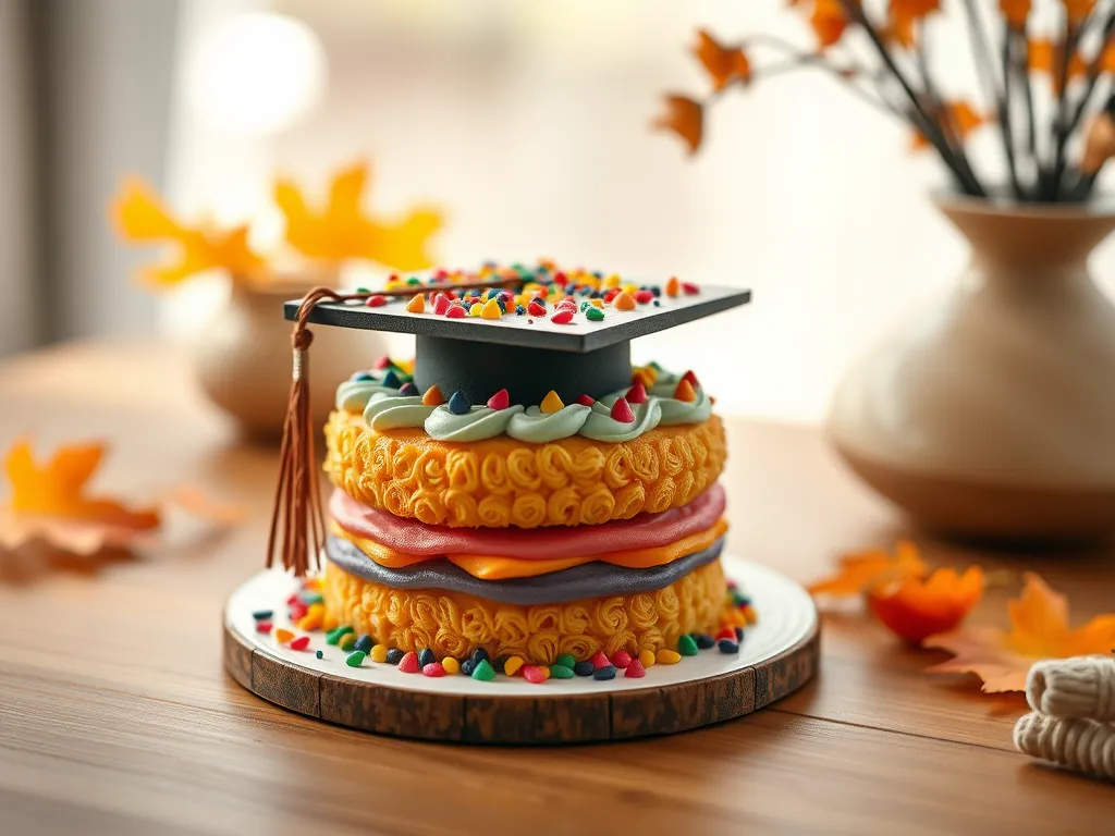 Colorful mini graduation cake made in a microwave, featuring frosting and a graduation cap.