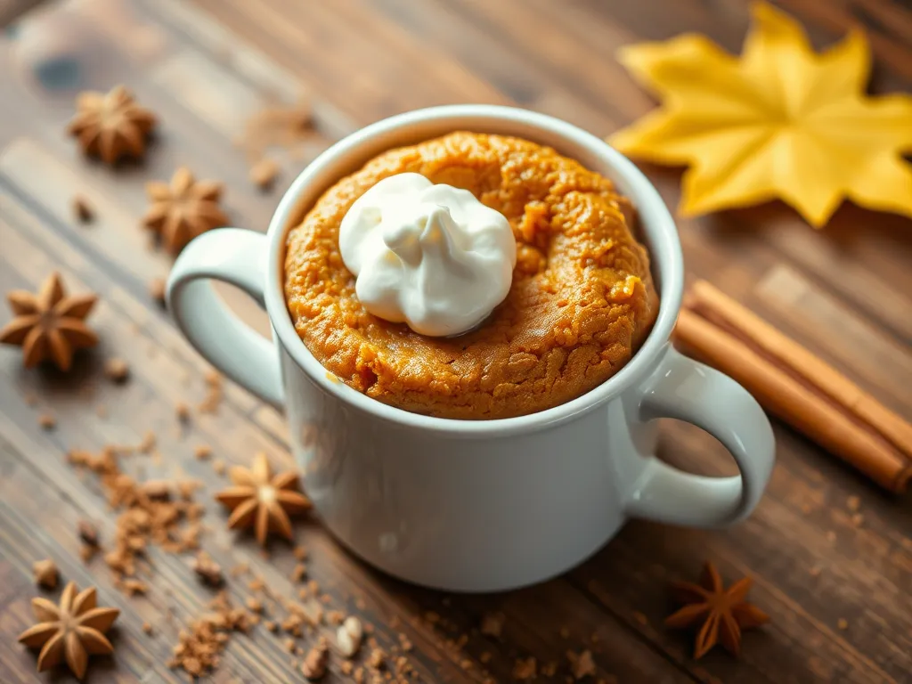 Delicious mini pumpkin spice cake in a mug topped with whipped cream, perfect for a quick microwave treat.