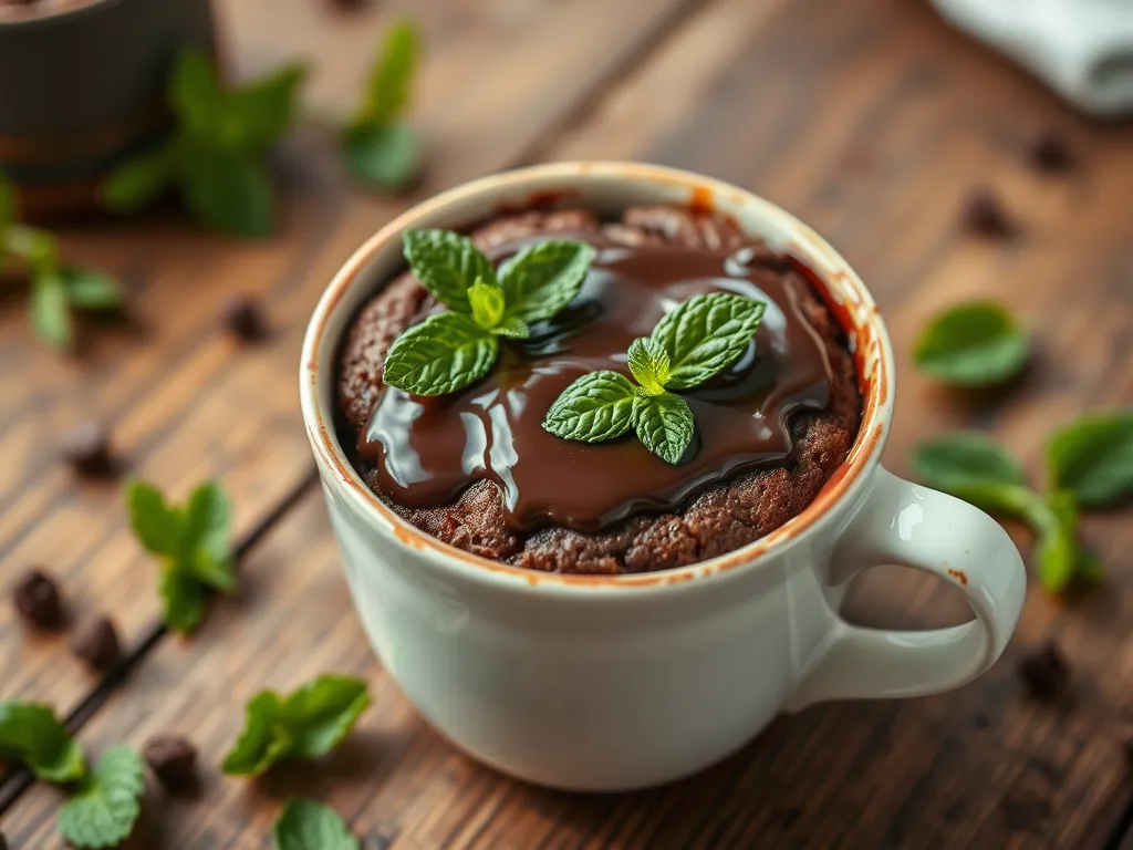 Delicious Mint Chocolate Mug Cake topped with chocolate and mint leaves