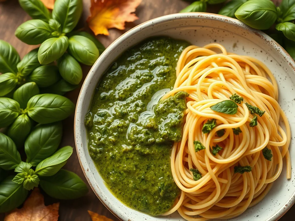 Delicious One-Pot Summer Pasta prepared in a microwave with fresh basil pesto sauce.