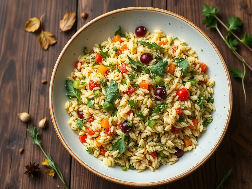 A colorful bowl of Orzo Salad with fresh summer herbs, vegetables, and grapes, perfect for a microwave-friendly meal.
