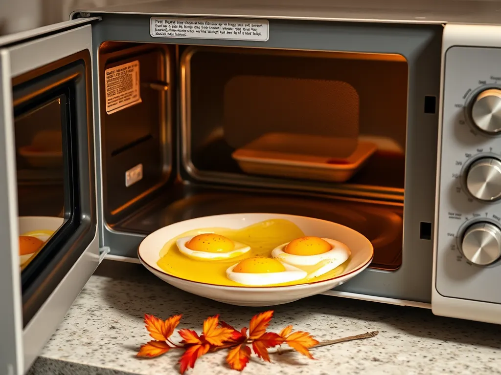 Two over easy eggs being cooked in the microwave with yolks intact.