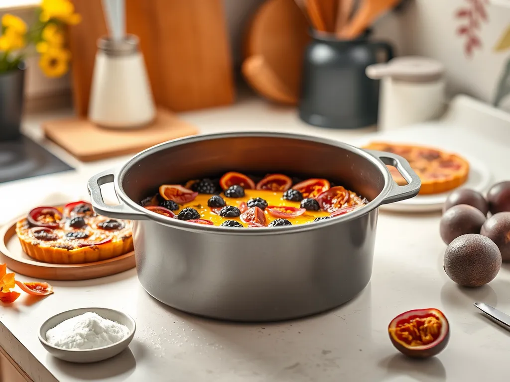 Delicious passionfruit tart made in a microwave, garnished with fresh fruits.