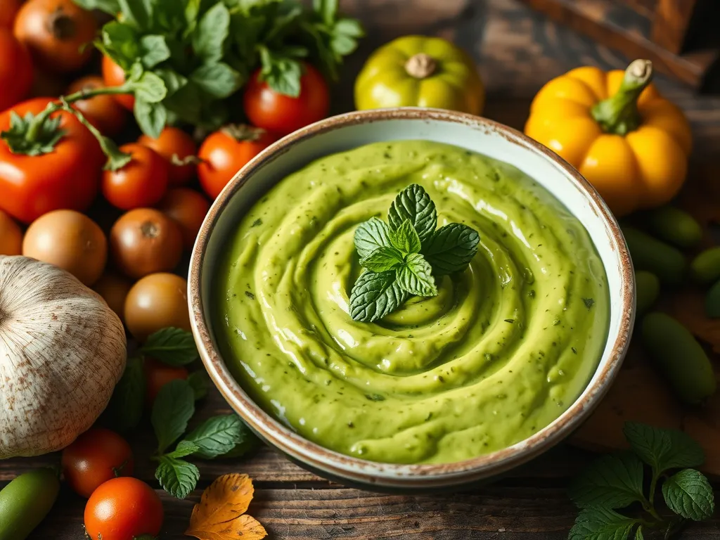 Delicious pea purée garnished with mint, surrounded by fresh spring vegetables.