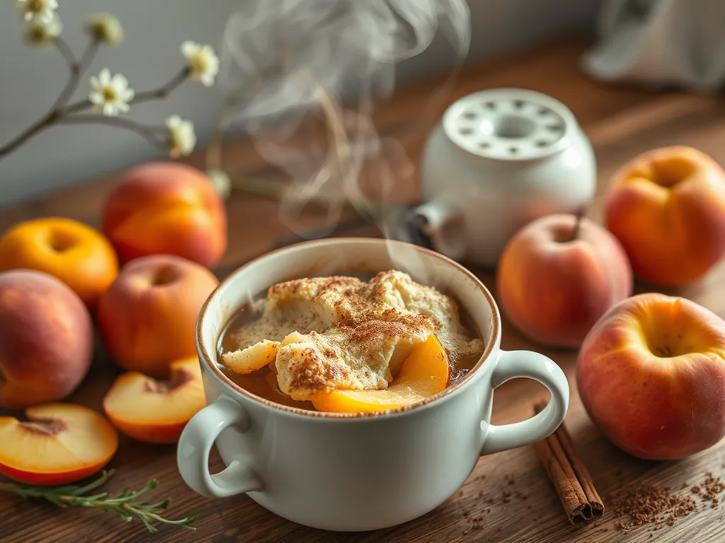Delicious peach cobbler in a mug, made in the microwave, with fresh peaches and a steaming topping.
