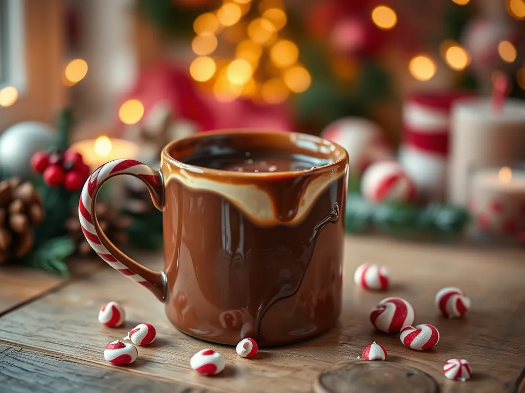 A delicious 2-minute microwave peppermint mug brownie with a festive mug and peppermint candies.