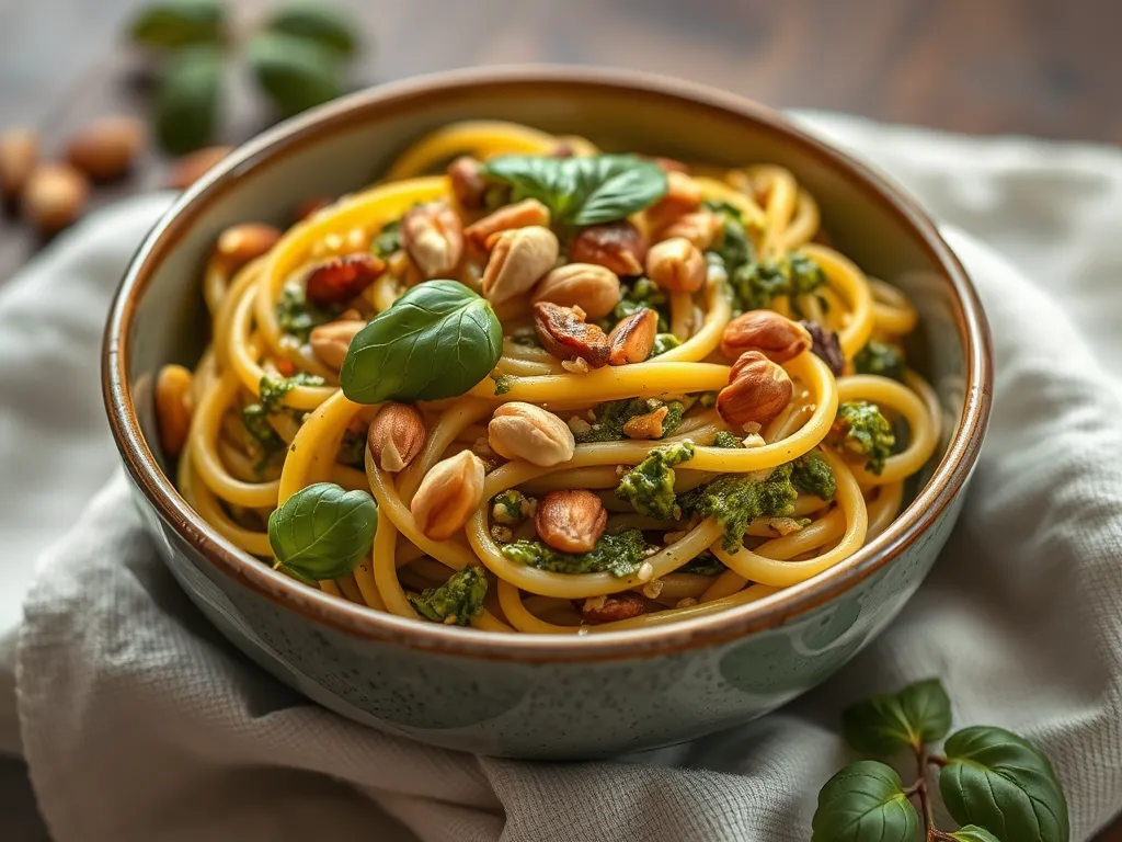 Delicious pesto pasta served in a mug bowl, topped with nuts and fresh basil, perfect for a quick microwave meal.
