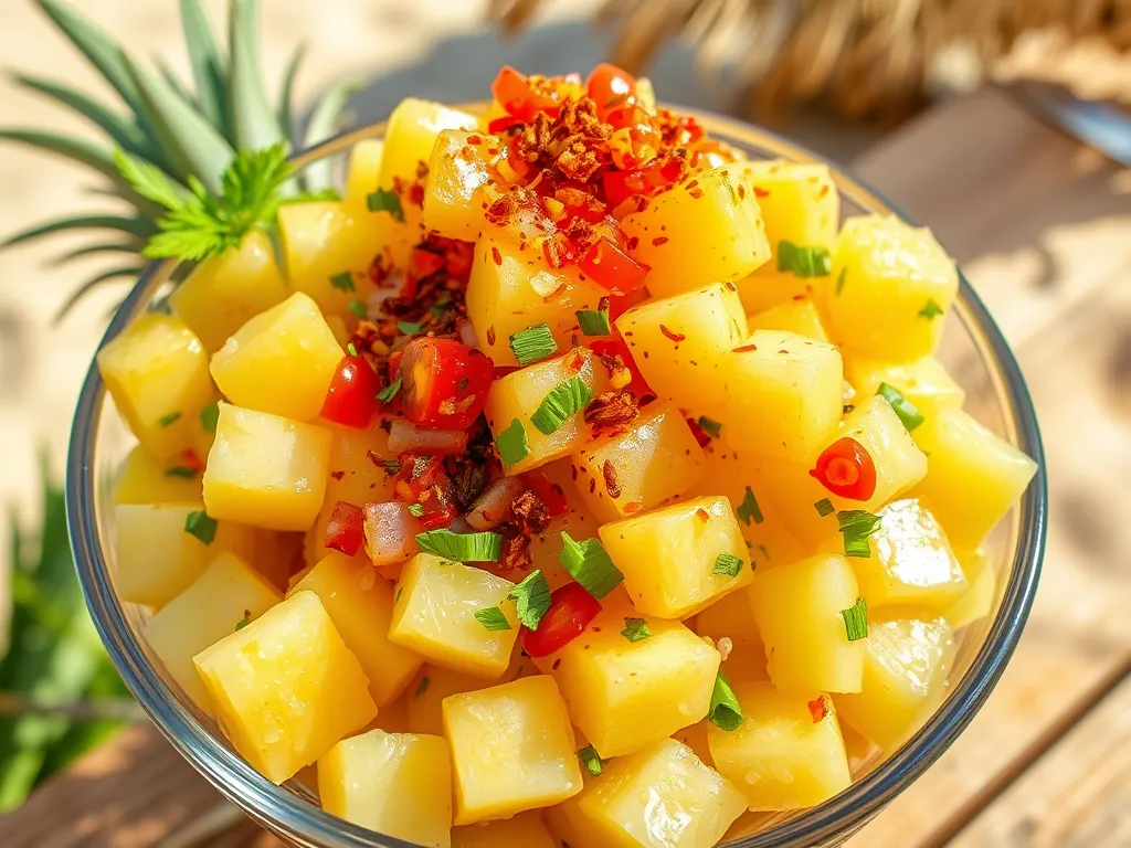 Fresh pineapple salsa with chili, tomatoes, and herbs for a beach-inspired dish.