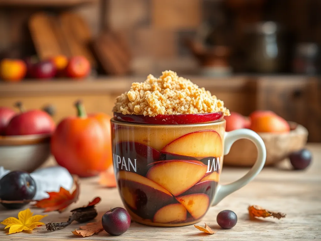 Delicious microwave Plum Crisp with crumble topping in a mug
