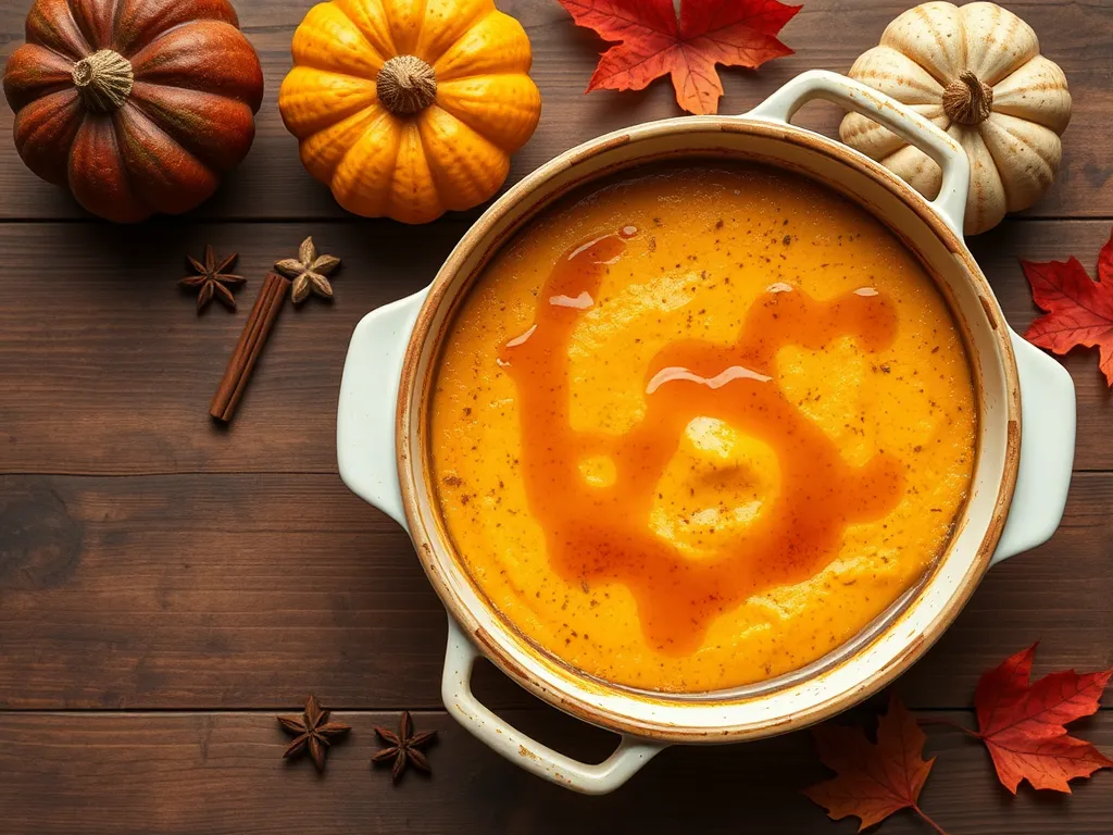 Delicious pumpkin custard topped with maple syrup surrounded by decorative pumpkins and autumn leaves