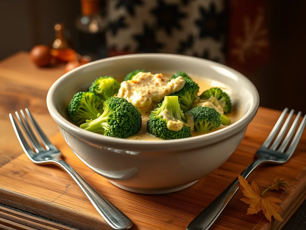 Bowl of cheesy broccoli prepared quickly in the microwave