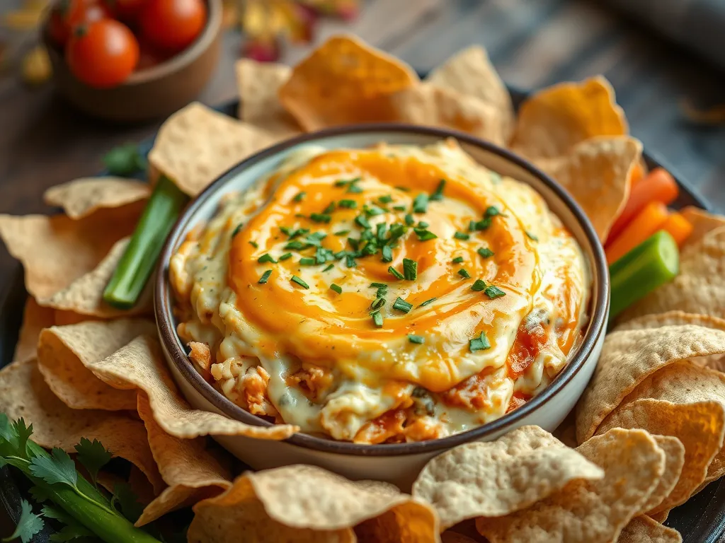 Delicious quick microwave buffalo dip served in a bowl surrounded by tortilla chips and fresh vegetables