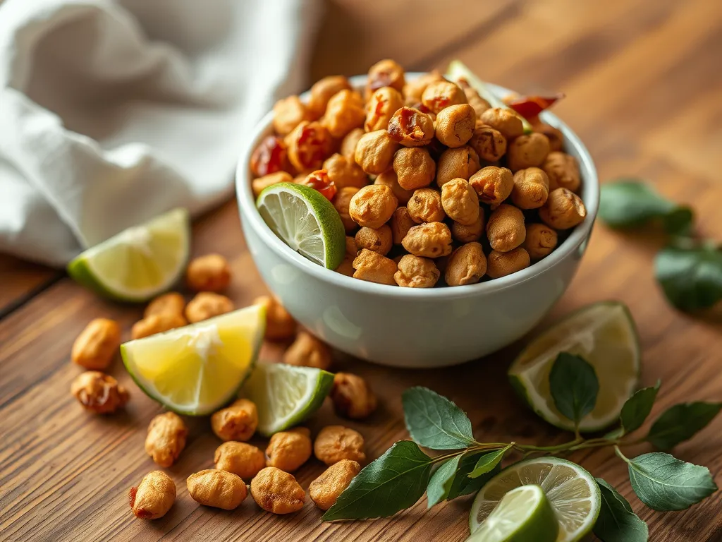 Bowl of quick microwave Cajun peanuts garnished with lime and spices
