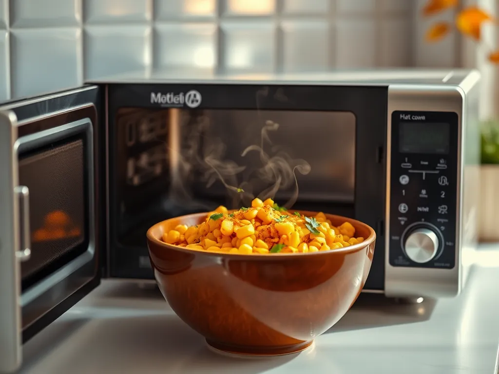 Bowl of quick microwave chili lime corn with steam, fresh ingredients