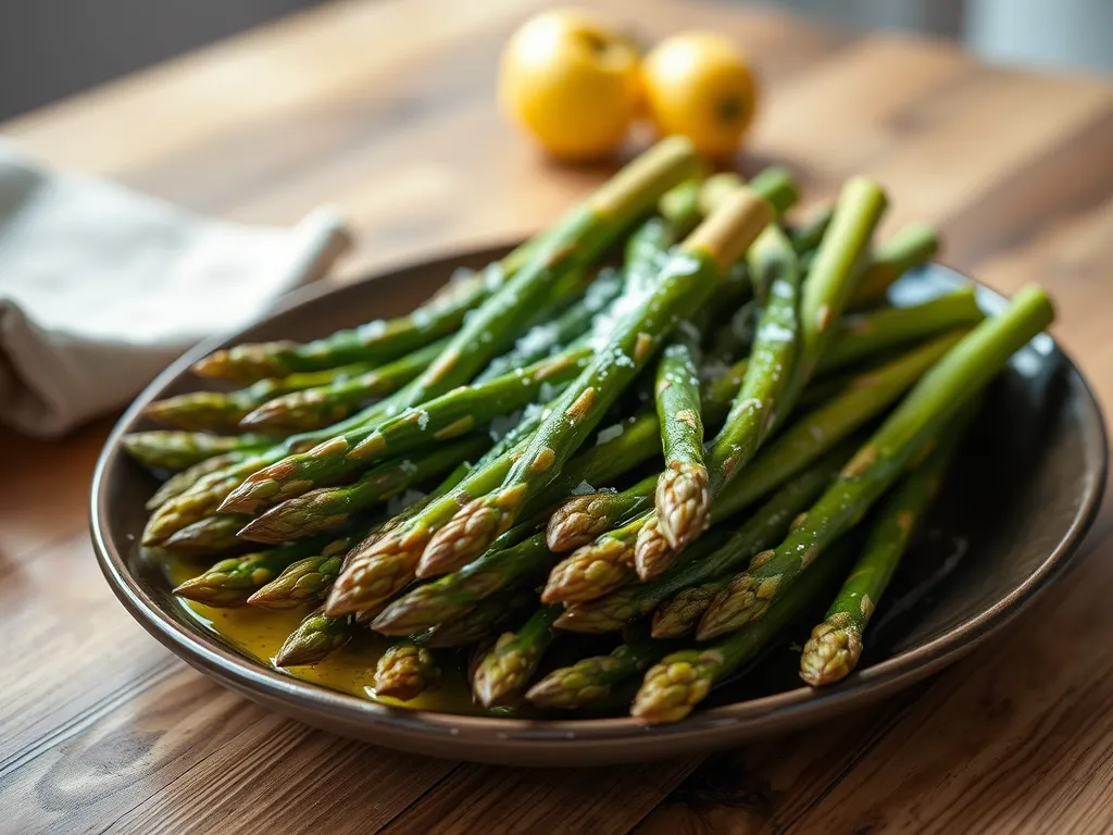 Delicious quick microwave garlic asparagus garnished and ready to serve