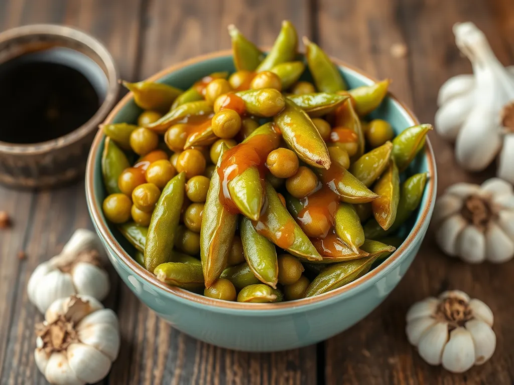 Bowl of quick microwave honey garlic edamame with garlic and sauce.