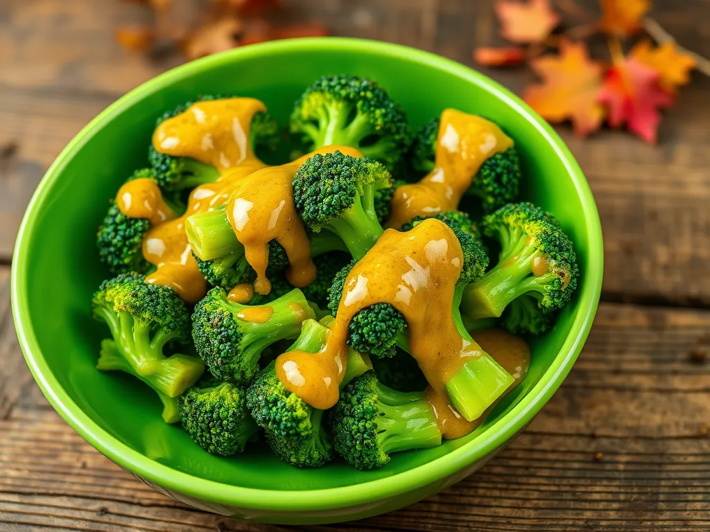 Bowl of broccoli drizzled with honey mustard sauce, perfect for a quick meal.
