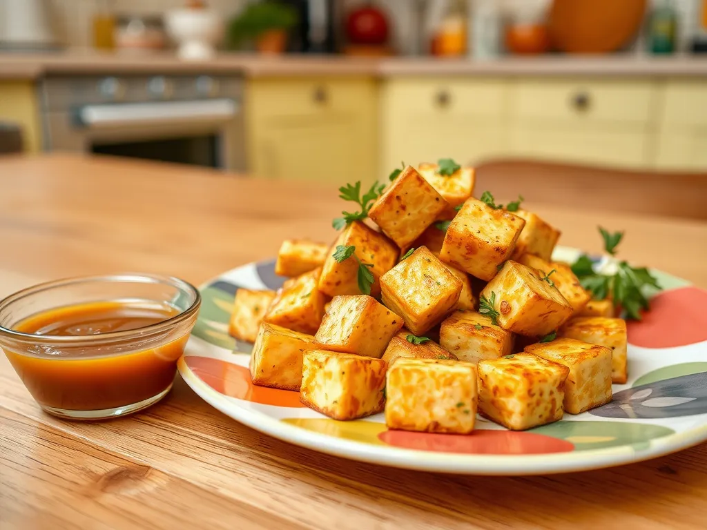 Delicious honey mustard tofu cubes served with sauce, perfect for a quick microwave meal.