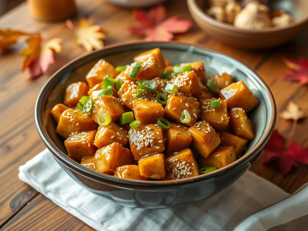 Delicious quick microwave honey sesame chicken with sesame seeds and green onions in a bowl.