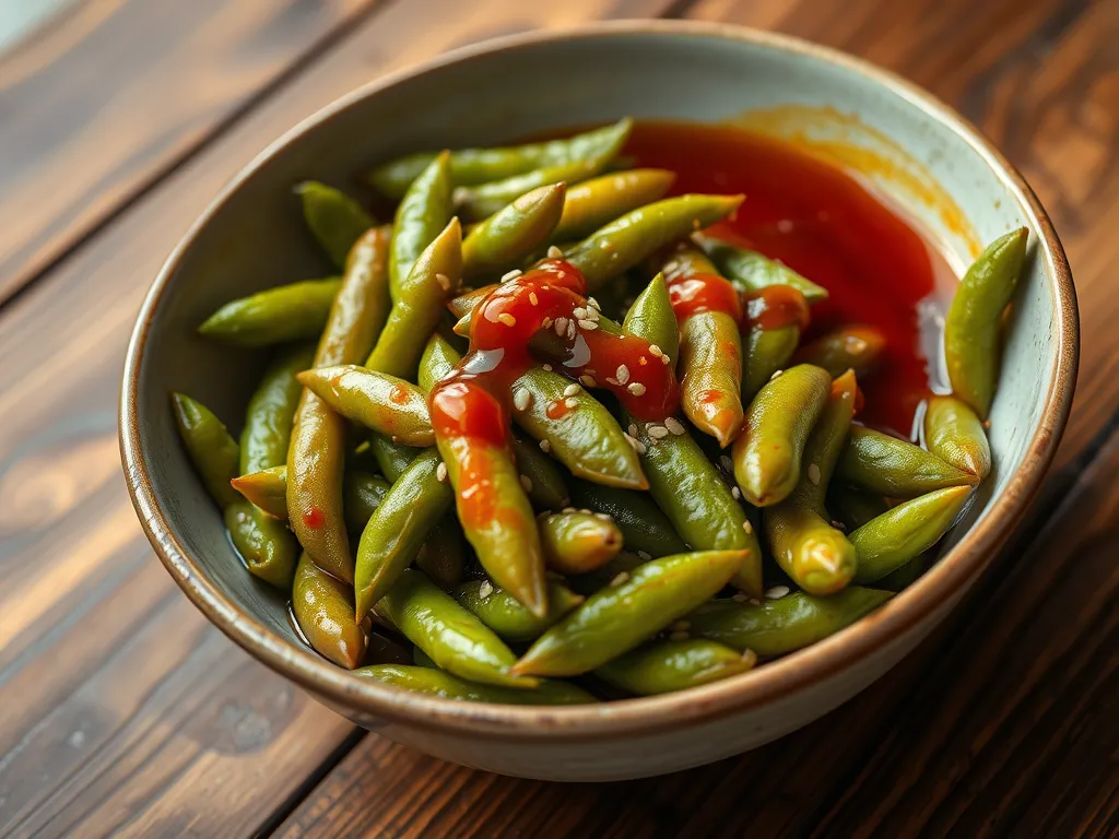 Plate of quick microwave honey sriracha edamame with sauce