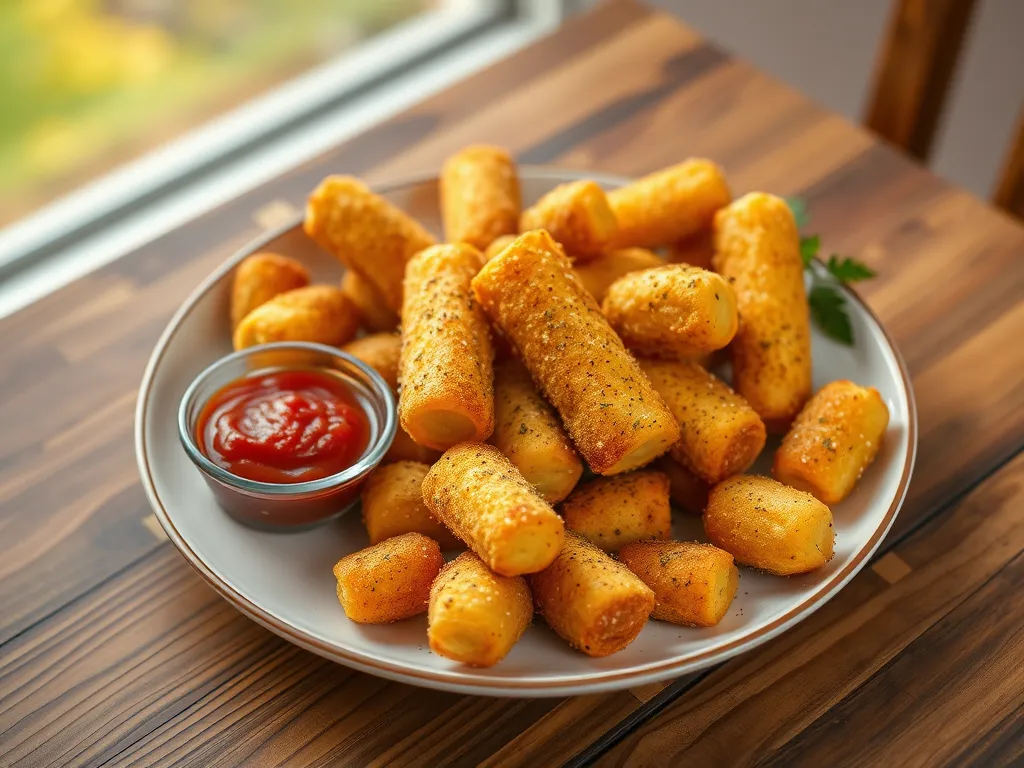 Delicious quick microwave mozzarella sticks served with ketchup for dipping