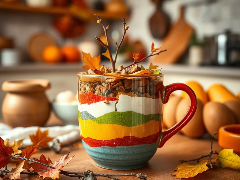 Delicious quick microwave mug lasagna with layers of pasta and sauce in a colorful mug.