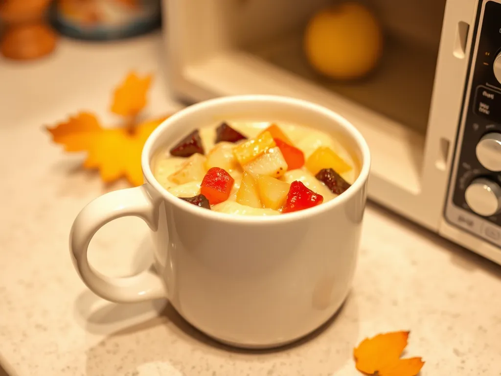 Cup of lazy microwave instant pancake mix topped with canned fruit