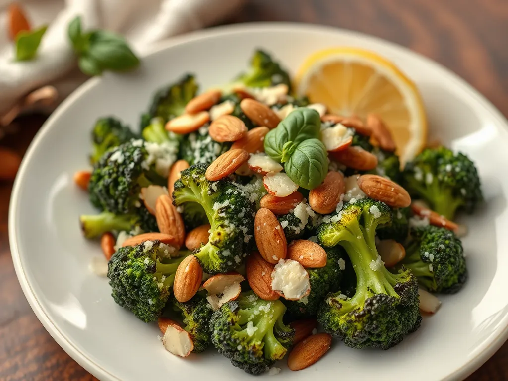 Delicious quick microwave Parmesan broccoli topped with almonds and lemon.