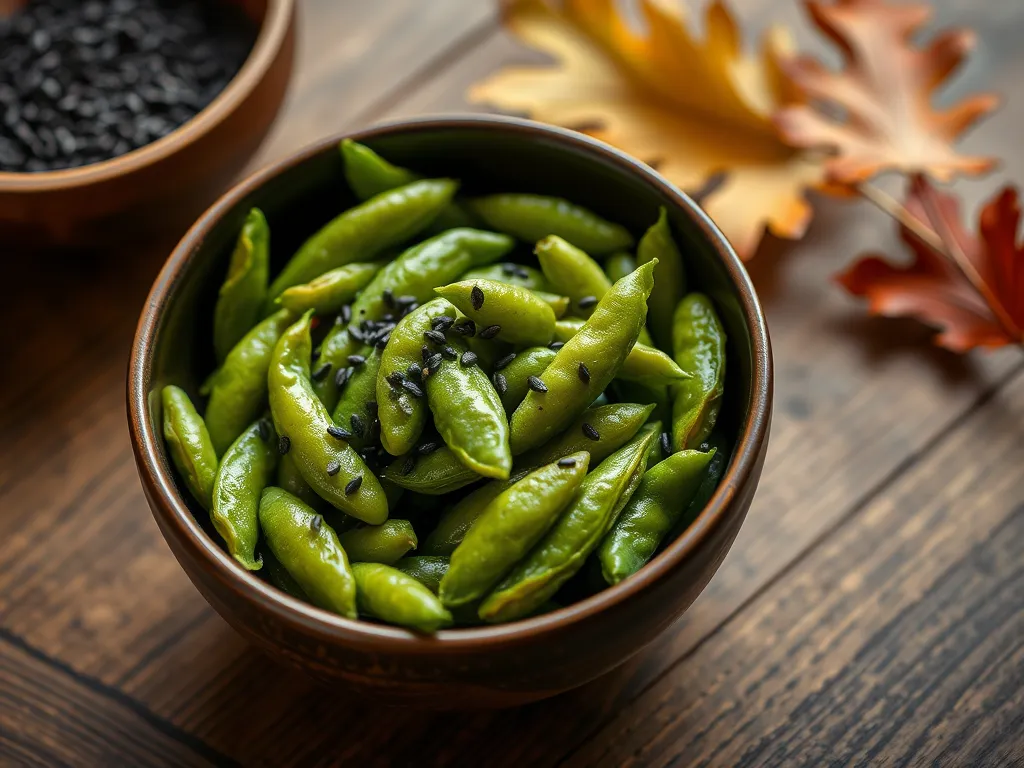Bowl of quick microwave spicy edamame with black sesame seeds