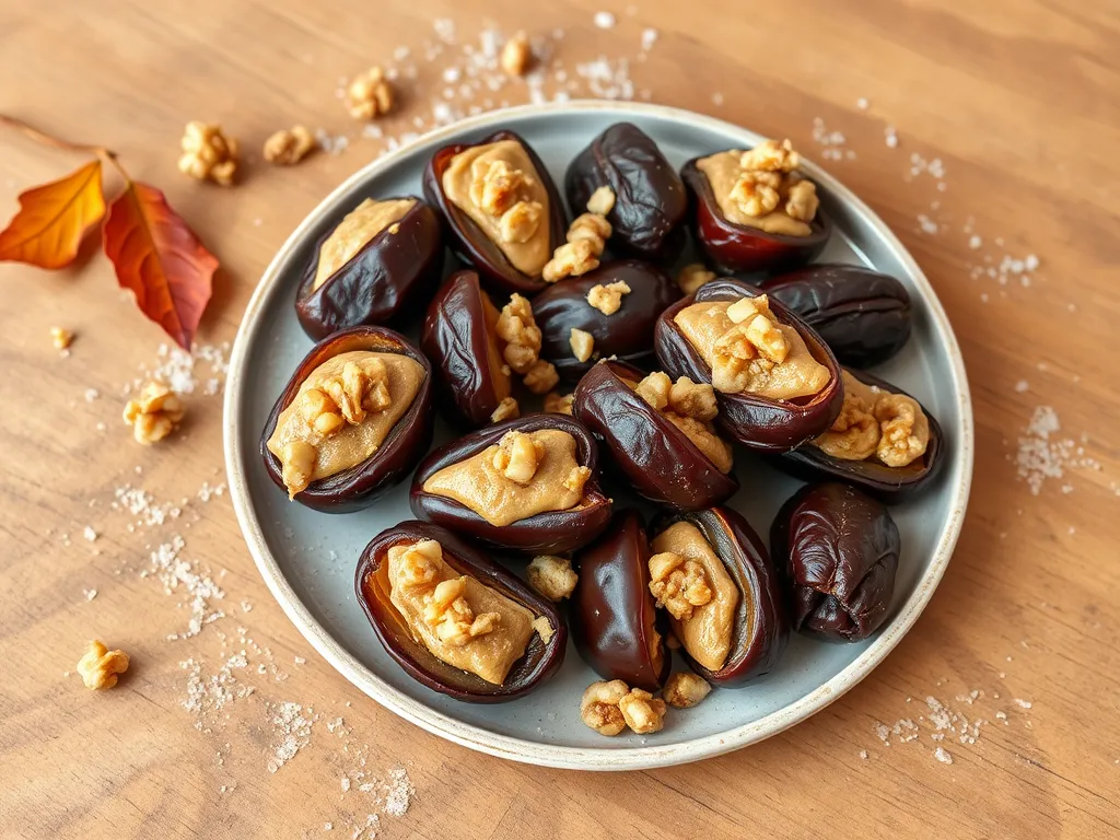 Plate of delicious quick microwave stuffed dates filled with nut butter and topped with walnuts.