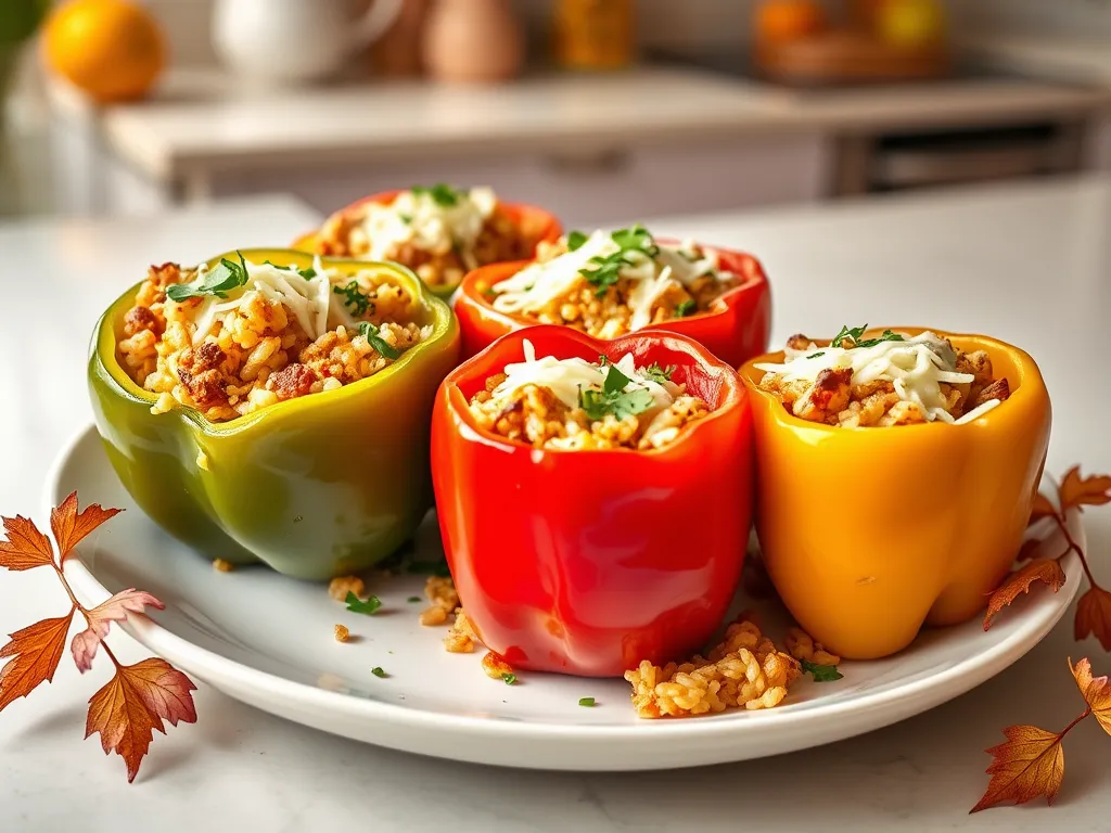 Delicious quick microwave stuffed peppers filled with rice and vegetables