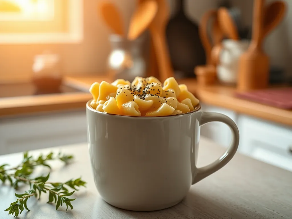 A mug filled with creamy 2-minute mac and cheese topped with pepper.