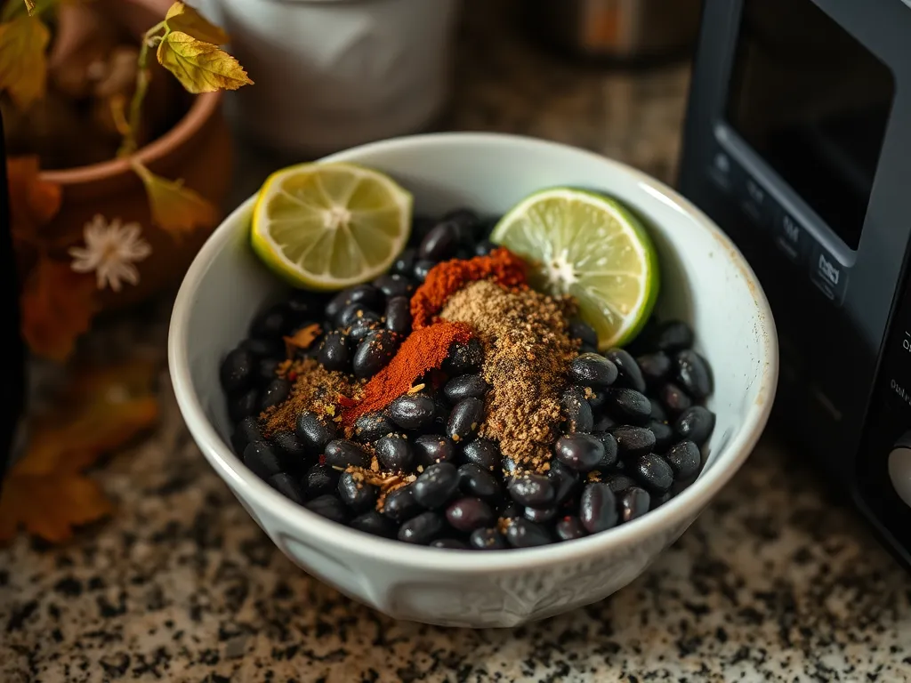Bowl of black beans with spices and lime for quick spicy black bean microwave recipe