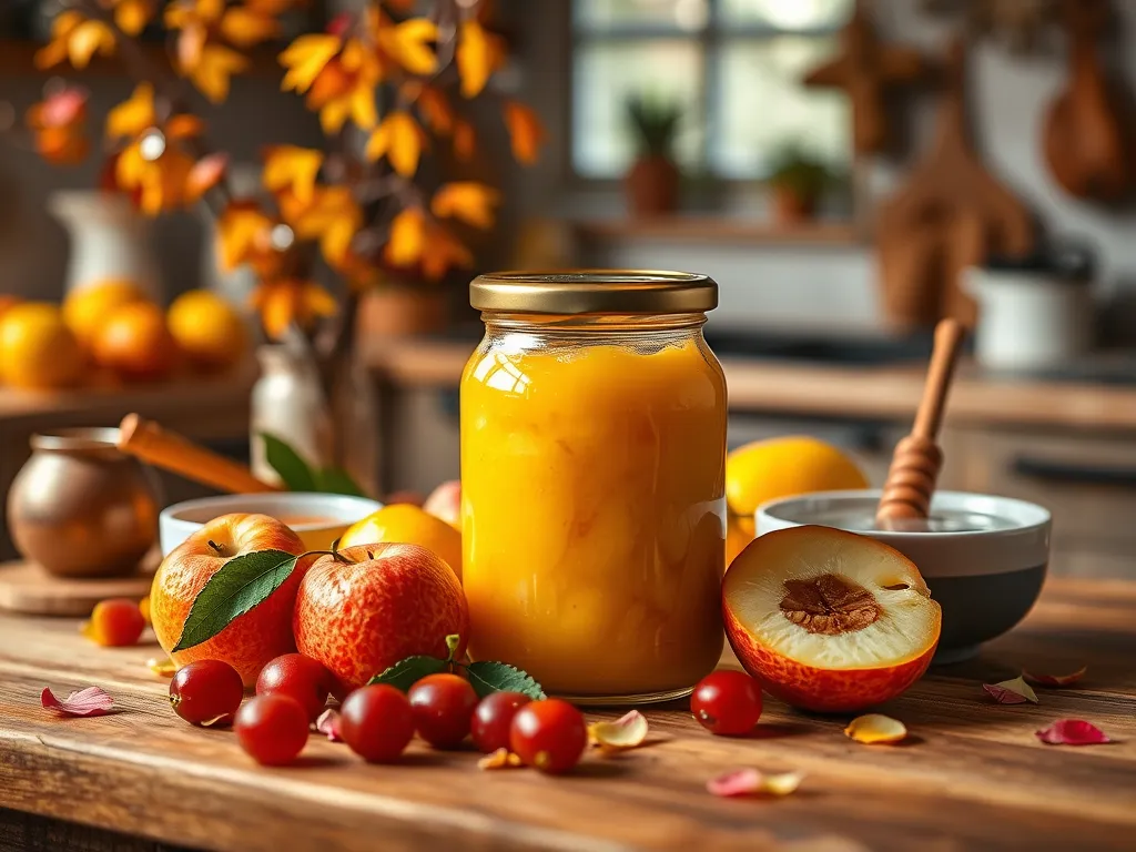 Homemade quince paste spread with fresh quince and apples on a rustic kitchen table.